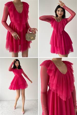 Likralı Tül Kumaş Volan Detay Kat Etekli Mini Elbise