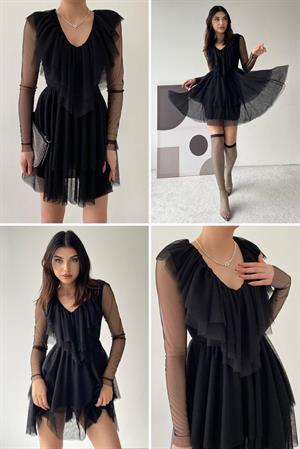 Likralı Tül Kumaş Volan Detay Kat Etekli Mini Elbise