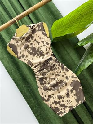 Likralı Tül Şifon Kumaş Astarlı Drapeli Alaca Desen Elbise 