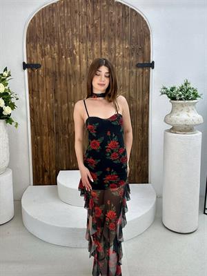 Likralı Tül Şifon Kumaş Gül Desen Volan Detay Elbise