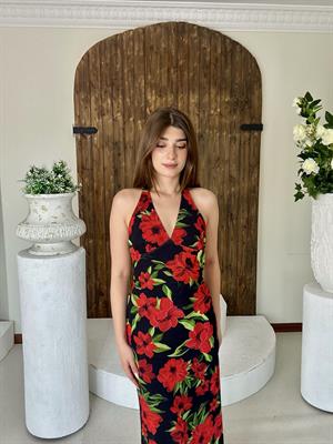 Likralı Tül Şifon Kumaş Sırt Detay Gül Desen Uzun Tasarım Elbisemiz