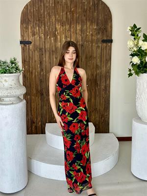 Likralı Tül Şifon Kumaş Sırt Detay Gül Desen Uzun Tasarım Elbisemiz