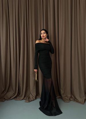 Likralı Tül Şifon Madonna Yaka Uzun Tasarım Elbise Siyah