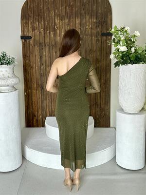 Likralı Tül Şifon Taş Detaylı Drapeli Kalem Elbise Haki