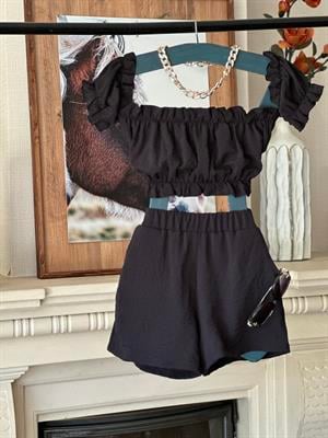 Madonna Yaka Bluz Lastik Dikişli Şort İkili Takım