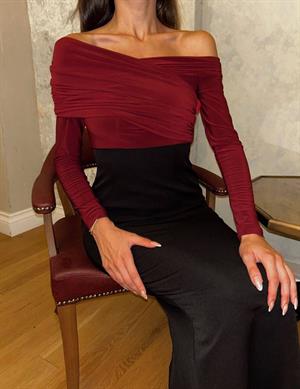 Madonna Yaka Garnili Tasarım Kalem Elbisemiz Bordo