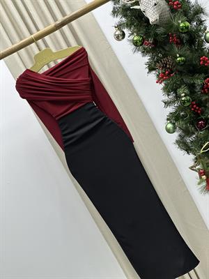 Madonna Yaka Garnili Tasarım Kalem Elbisemiz Bordo