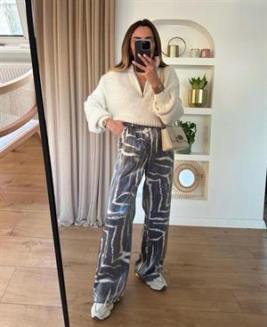 Mavi Desenli  Saten Kumaş Parlak Beli Lastikli Rahat Pantolon 