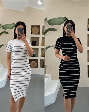 Merserize Triko Çizgi Desen Elbise