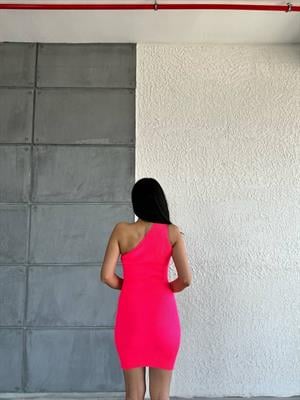 Merserize Triko Tek Omuz Elbise Pembe