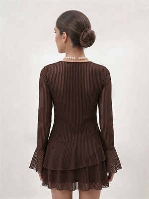 Metal Düğme Detaylı Flog Baskılı Kat Etekli Elbise Kahverengi