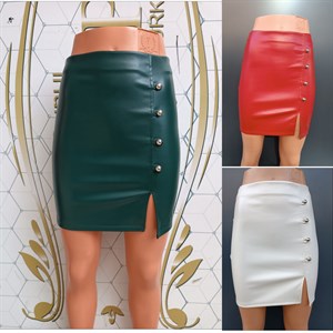 Metal Düğmeli Beli Lastikli Full Likralı Pu Deri Etek