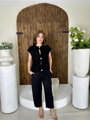 Metal Düğmeli Cep Detay Siyah Triko Yelek