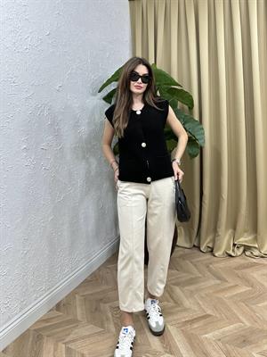 Metal Düğmeli Cep Detay Siyah Triko Yelek