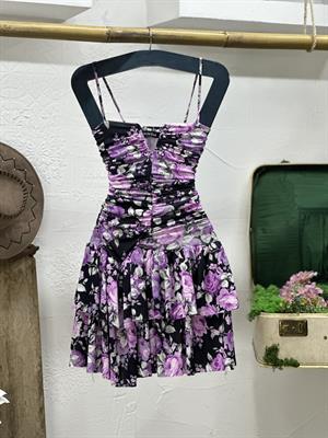 Micro Kumaş Çiçek  Desenli Askılı Kalp Yaka Askılı Elbise