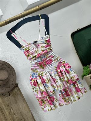 Micro Kumaş Çiçek  Desenli Askılı Kalp Yaka Askılı Elbise