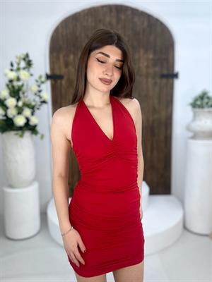 Micro Kumaş Drape Detay Boyundan Bağlamalı Elbisemiz Kırmızı