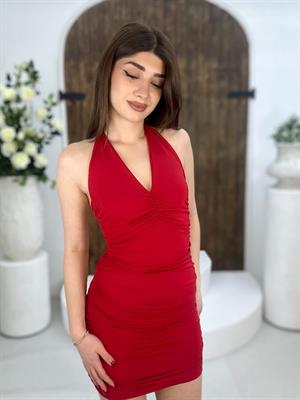 Micro Kumaş Drape Detay Boyundan Bağlamalı Elbisemiz Kırmızı