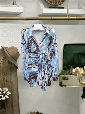 Micro Kumaş Drape Detay Zarf Etekli Gömlek Yaka Mavi Elbise