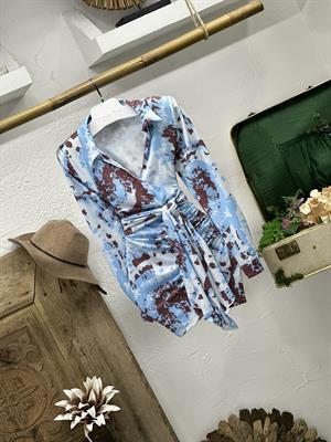 Micro Kumaş Drape Detay Zarf Etekli Gömlek Yaka Mavi Elbise