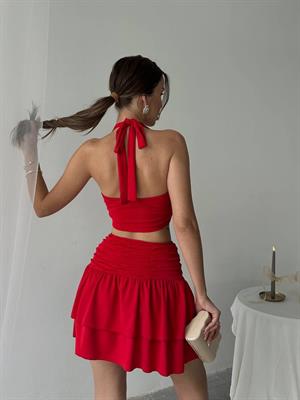 Micro Kumaş Drape Dikişli İkili Takım Kırmızı