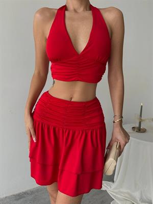 Micro Kumaş Drape Dikişli İkili Takım Kırmızı