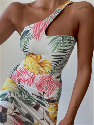 Micro Kumaş Drapeli Tek Askılı Renkli Yaprak Desenli Kalem Elbise