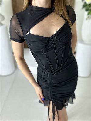 Micro Kumaş Eteği Büzgülü Glop Dikişli Elbise Siyah