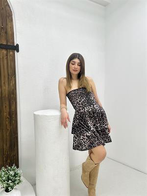 Micro Kumaş Gipeli Kat Etekli Leopar Desen Elbise