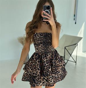 Micro Kumaş Gipeli Kat Etekli Leopar Desen Elbise