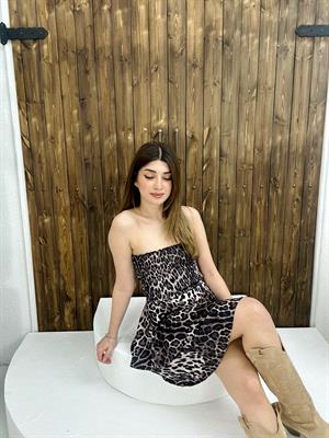 Micro Kumaş Gipeli Kat Etekli Leopar Desen Elbise