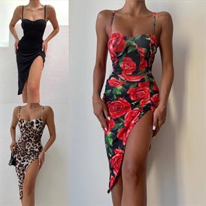 Micro Kumaş Gloplu Derin Yırtmaçlı Tasarım Elbise