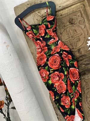 Micro Kumaş Gül Desen Gloplu Elbise