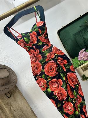 Micro Kumaş Gül Desen Gloplu Elbise