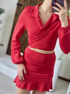 Micro Kumaş Likralı Bağlama Detay Bluz Mini Etek İkili Takım Kırmızı