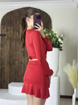 Micro Kumaş Likralı Bağlama Detay Bluz Mini Etek İkili Takım Kırmızı