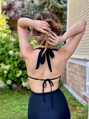 Micro Kumaş Likralı Boyundan Bağlamalı Degaje Yaka Uzun Elbise Siyah