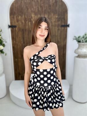 Micro Kumaş Sırt Detay Puantiye Desen Balon Etekli Elbise Siyah