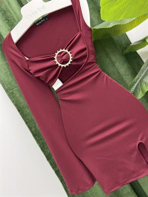 Micro Kumaş Tek Kol Broş Detay Tasarım Elbise Bordo