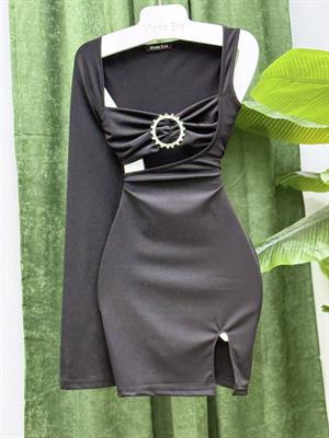 Micro Kumaş Tek Kol Broş Detay Tasarım Elbise Siyah