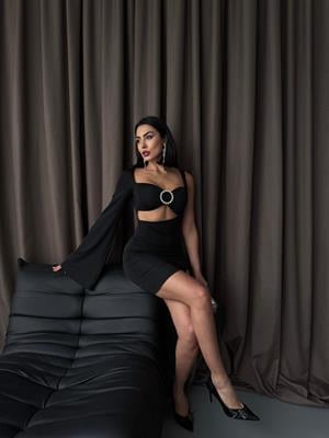 Micro Kumaş Tek Kol Broş Detay Tasarım Elbise Siyah