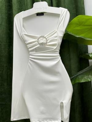 Micro Kumaş Tek Kol Broş Detay Tasarım Elbise Beyaz