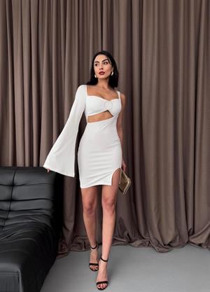 Micro Kumaş Tek Kol Broş Detay Tasarım Elbise Beyaz