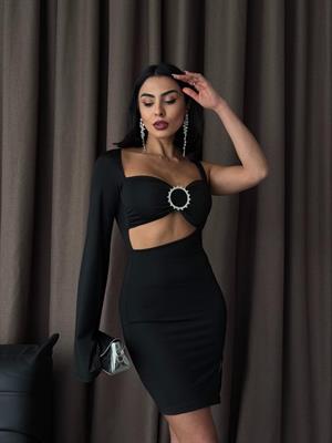 Micro Kumaş Tek Kol Broş Detay Tasarım Elbise Siyah