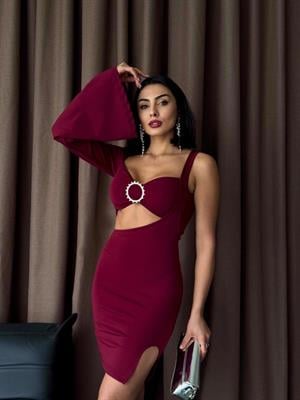 Micro Kumaş Tek Kol Broş Detay Tasarım Elbise Bordo