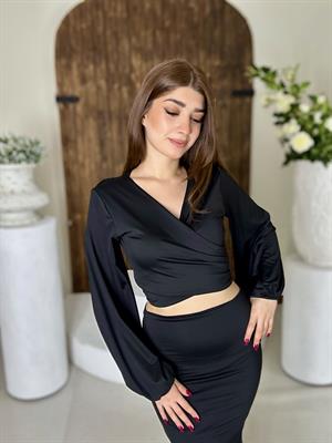 Micro Kumaş Uzun Etek Bağlamalı Crop Tasarım İkili Takım Siyah