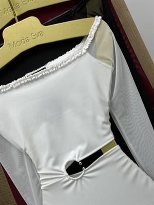 Micro ve Likralı Tül Kumaş Bel Detay  Tasarım Elbise Beyaz