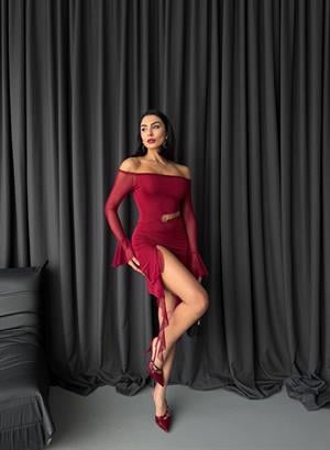 Micro ve Likralı Tül Kumaş Bel Detay  Tasarım Elbise Bordo