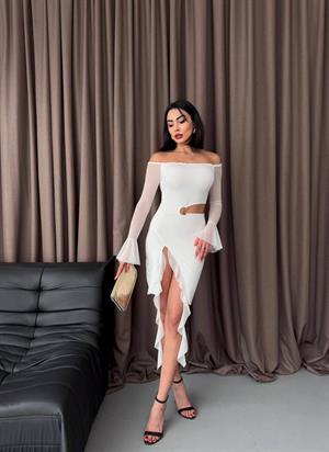 Micro ve Likralı Tül Kumaş Bel Detay  Tasarım Elbise Beyaz