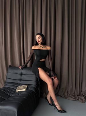 Micro ve Likralı Tül Kumaş Bel Detay  Tasarım Elbise Siyah